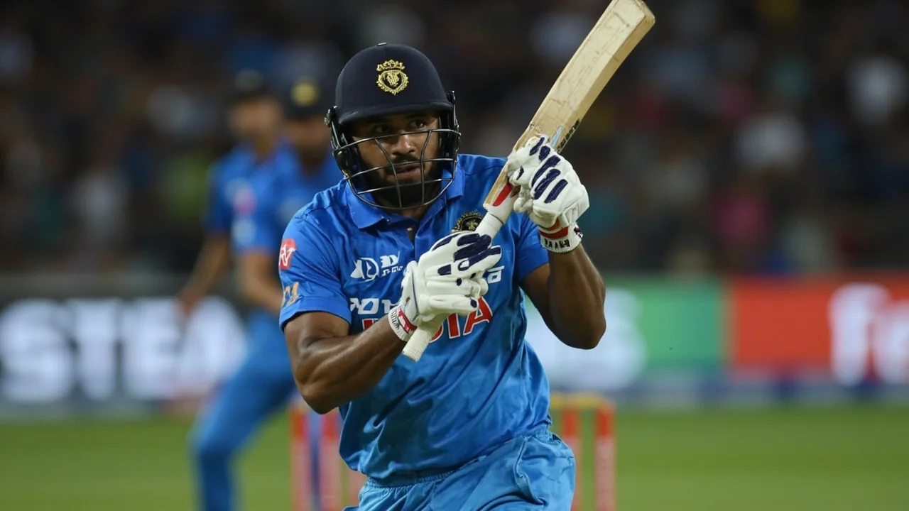 A tight sideline frame of an Indian batter holding shape through the off side, the kind of front-foot block that has been harder to find on SENA surfaces this summer.