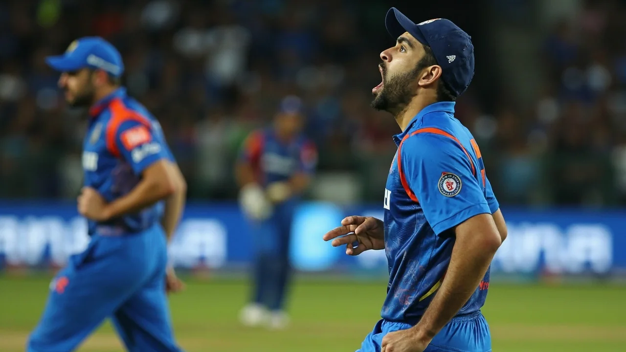 A medium tactical frame of the Indian fielding unit in a discussion circle, illustrating the kind of team-level recalibration that becomes unavoidable after a series defeat.
